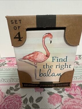 Set of 4 Absorbent Stoneware Coasters - Pink Flamingo NWT
